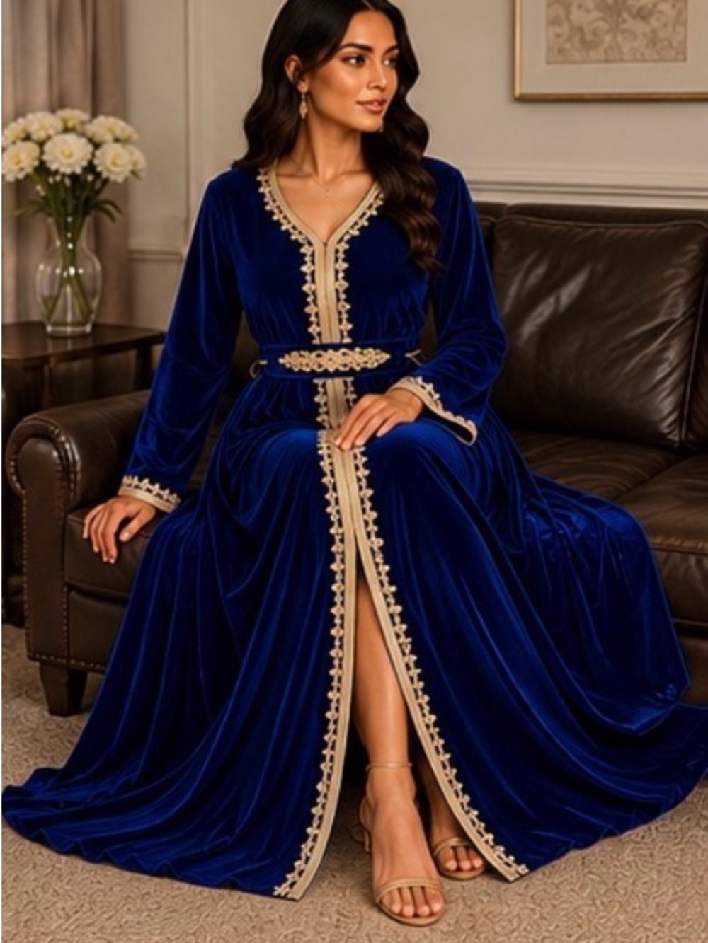 Royal Blue Velvet Moroccan Kaftan Dress With Belt-XL- New/Never Worn